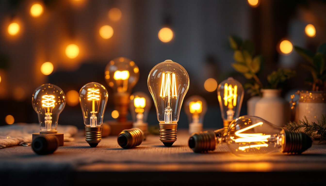 A photograph of a stylishly arranged scene featuring a variety of decorative led bulbs illuminated in a cozy