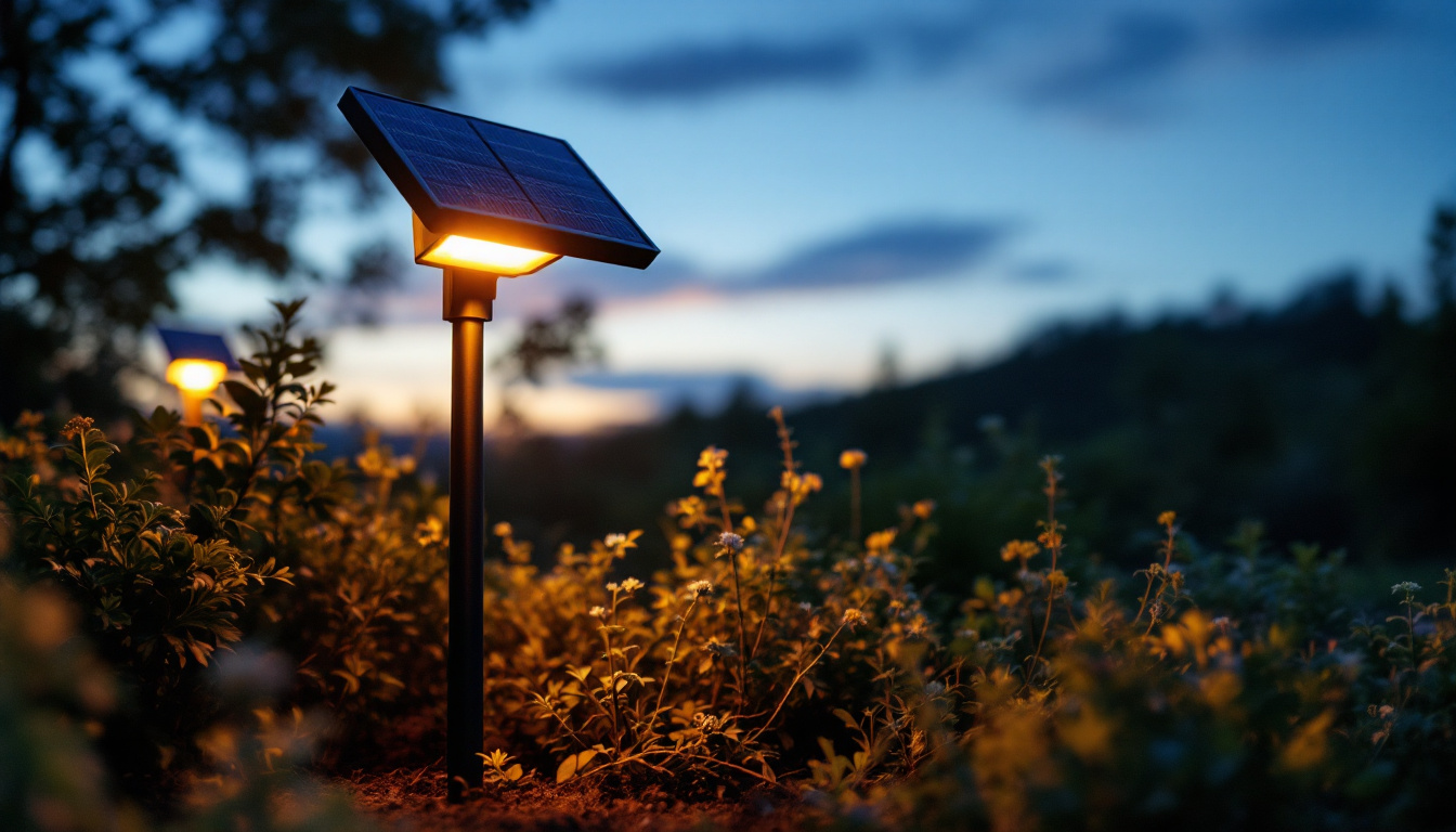 A photograph of a serene outdoor setting illuminated by solar panel lights at dusk