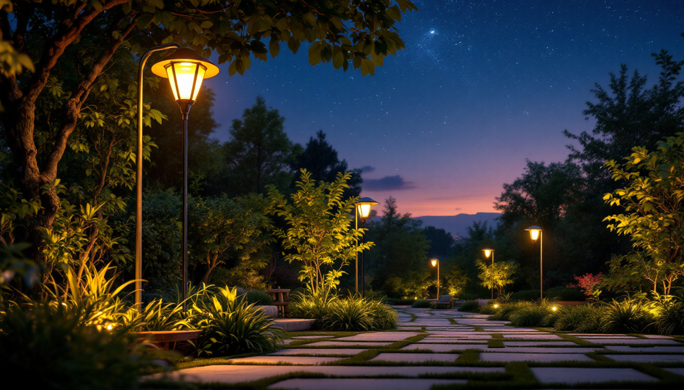 A photograph of a beautifully illuminated outdoor space featuring various solar lamps in use during twilight