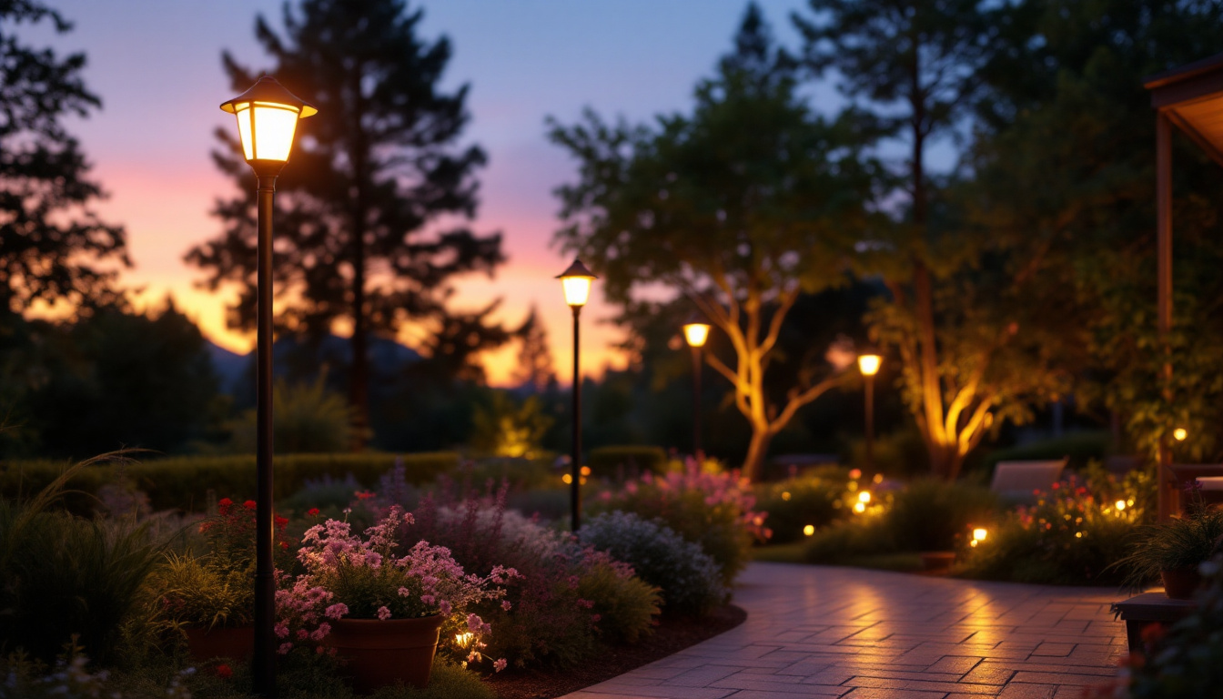 A photograph of a beautifully arranged outdoor setting featuring various styles of yard pole lamps in use