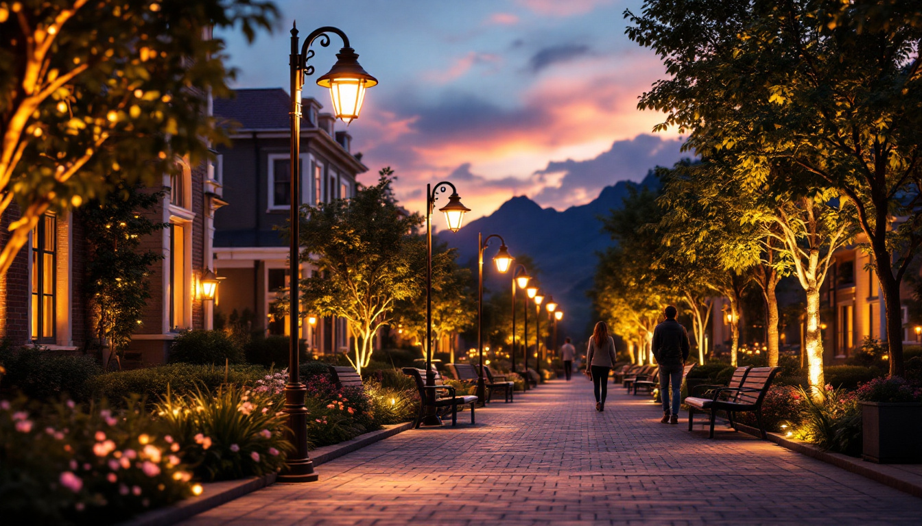 A photograph of a beautifully illuminated outdoor space featuring various styles of pole lighting in use
