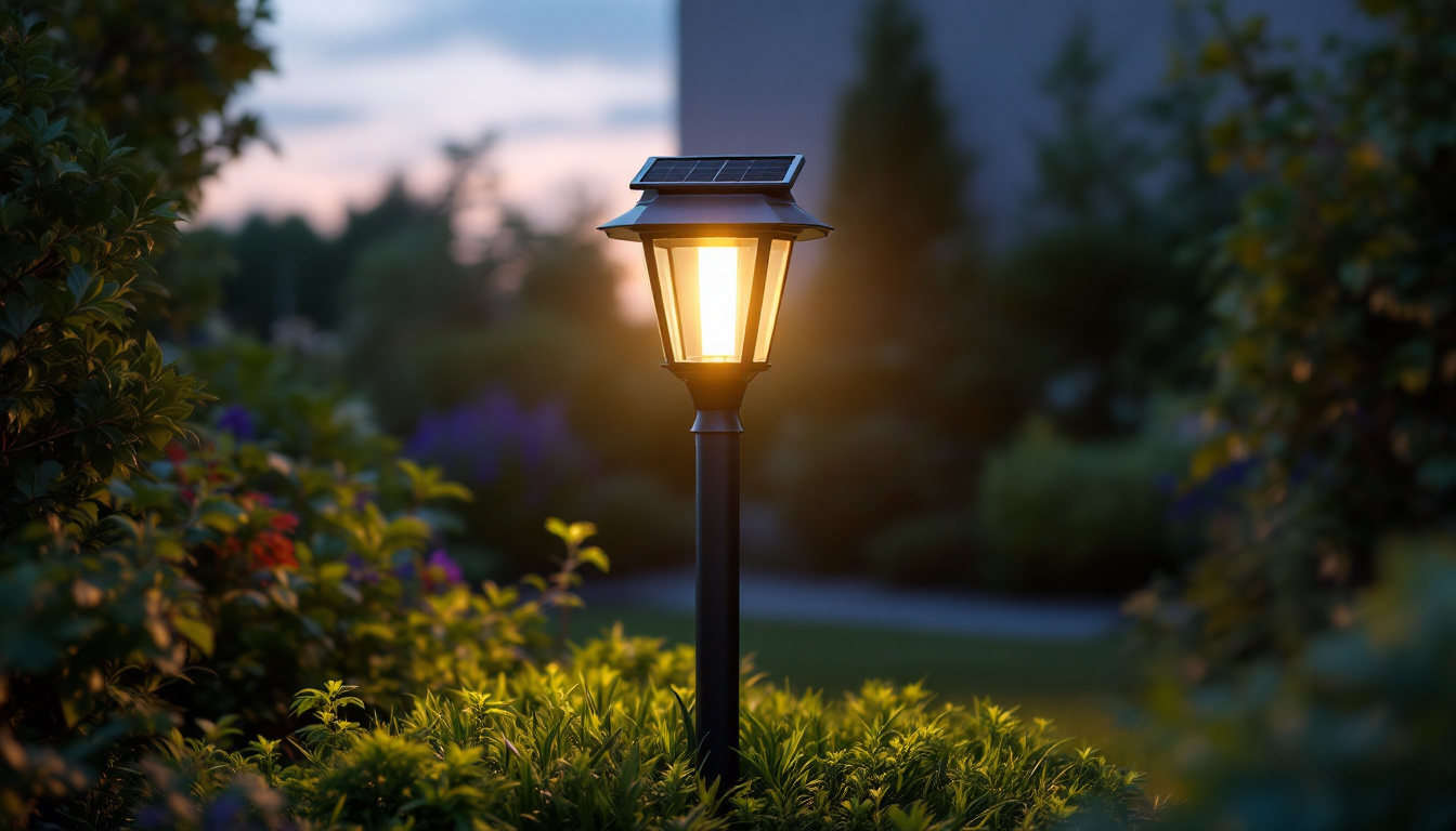 A photograph of a beautifully illuminated outdoor solar light post in a serene garden setting at dusk
