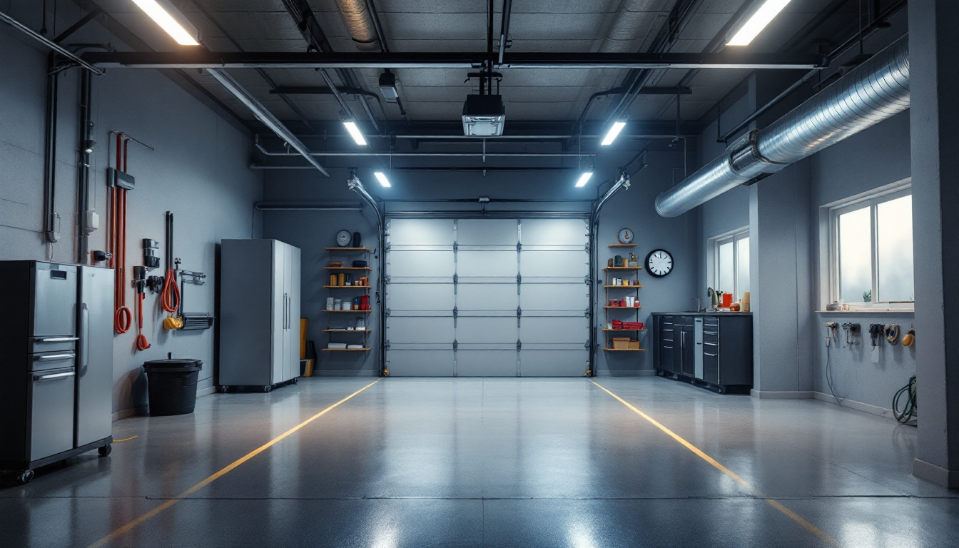 A photograph of a well-lit garage featuring modern led light fixtures in action