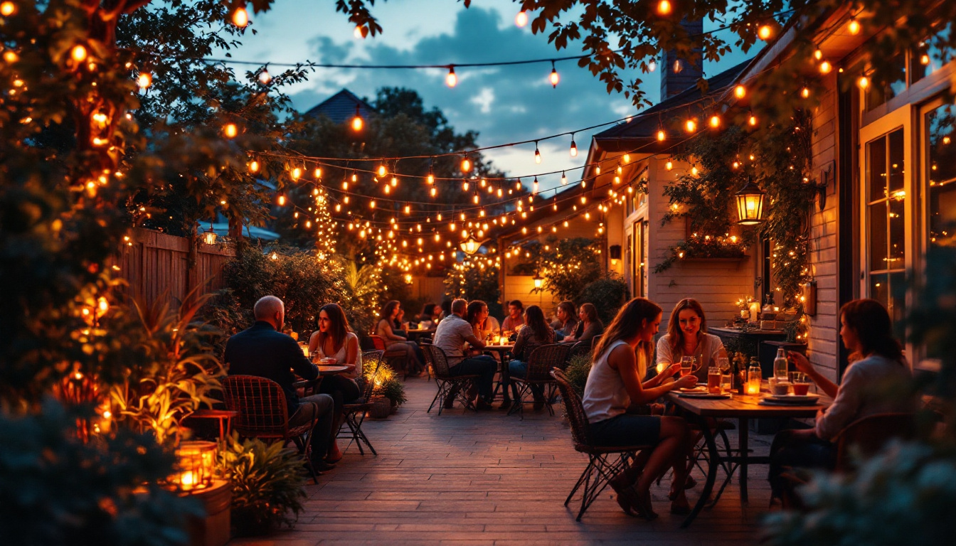 A photograph of a beautifully lit outdoor patio adorned with string lights