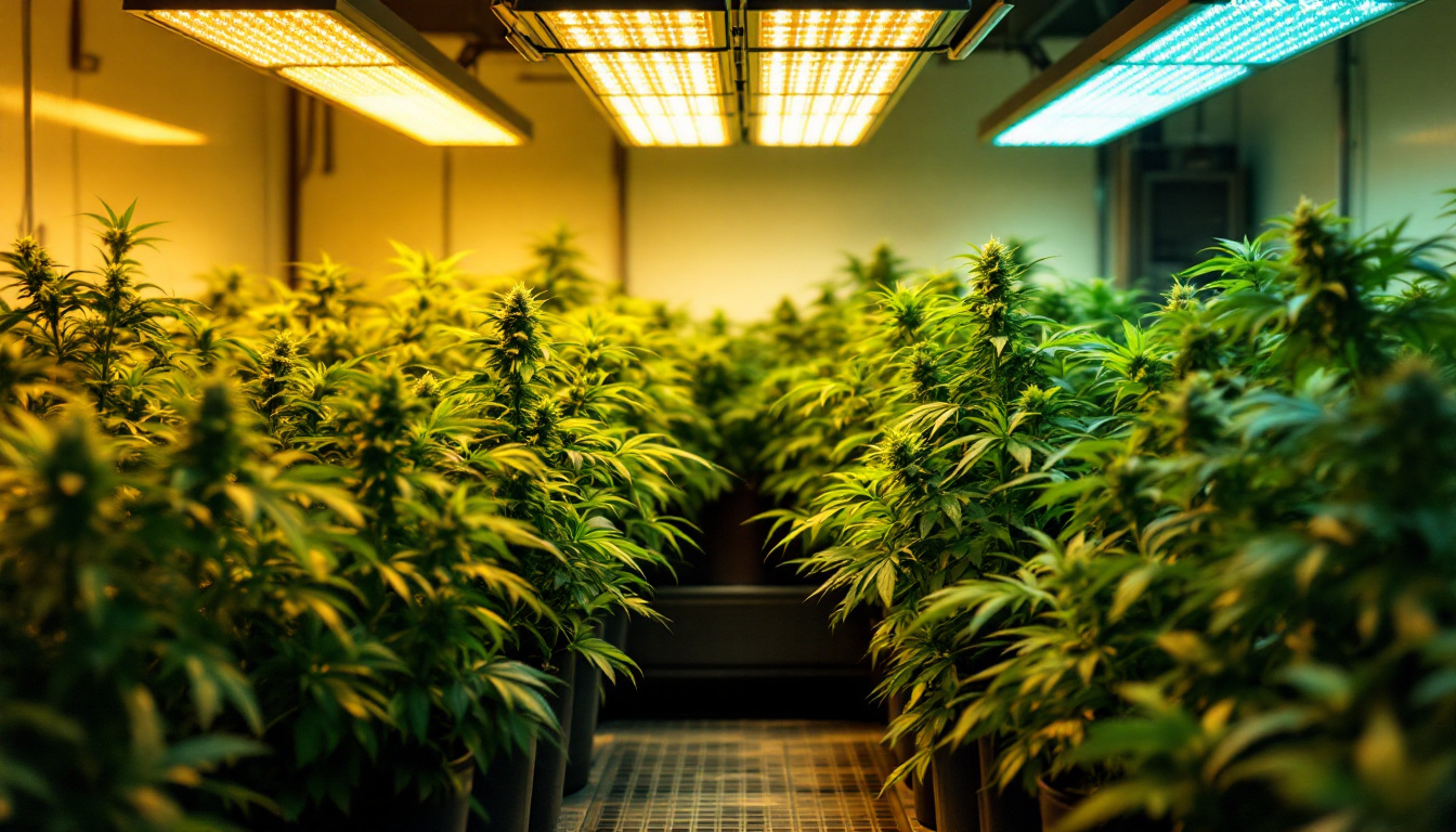 A photograph of a well-lit indoor grow space showcasing a variety of plants under different lighting systems