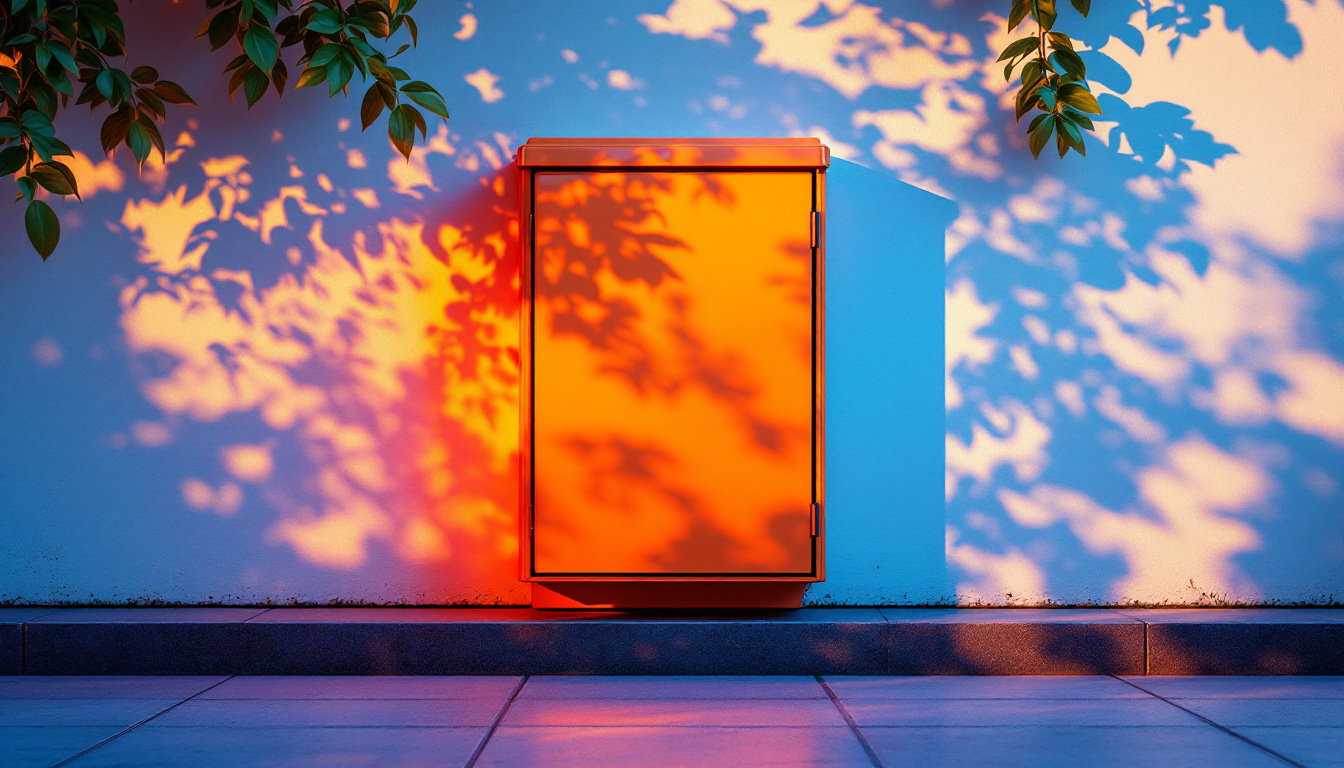 A photograph of a vibrant outdoor electrical box cover set against a beautifully illuminated backdrop