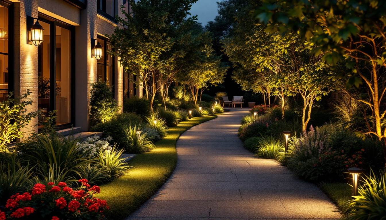 A photograph of a beautifully lit outdoor space showcasing flood bulbs in action