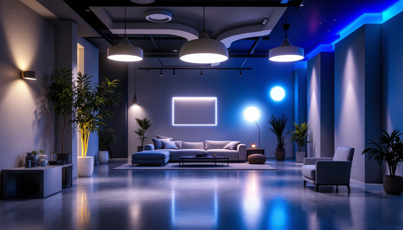 A photograph of a well-lit interior space showcasing various styles of led surface mount lighting fixtures