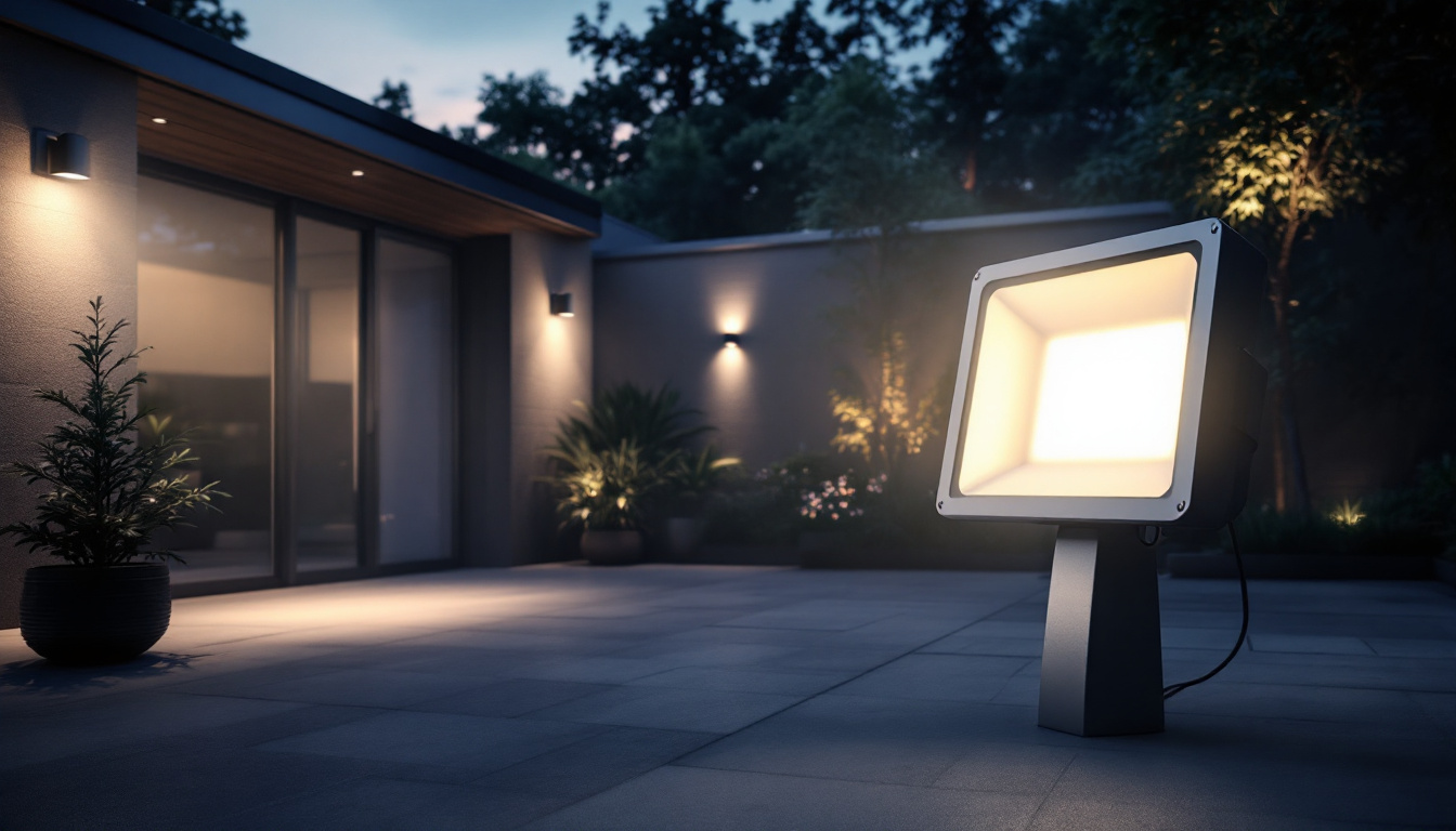 A photograph of a well-lit outdoor space showcasing various types of flood lights in action