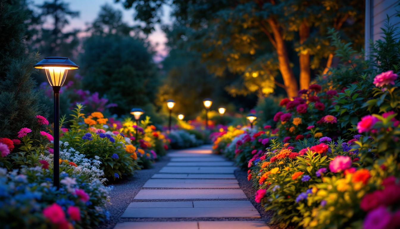A photograph of a beautifully lit garden scene at dusk