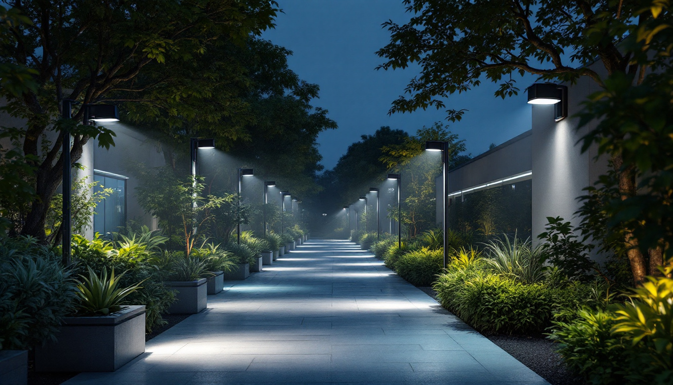 A photograph of a well-lit outdoor area showcasing various styles of led security lights in action