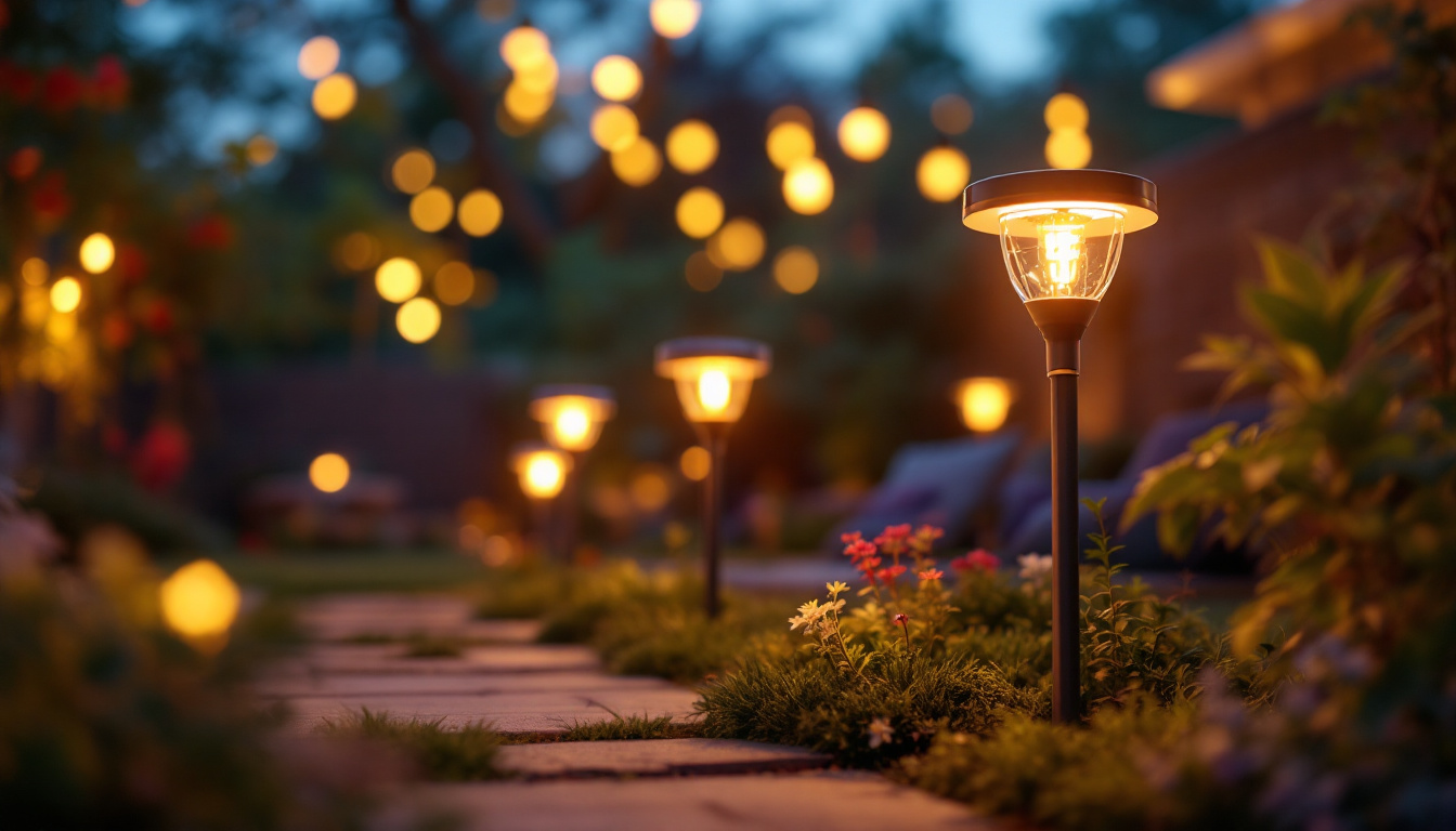 A photograph of a vibrant outdoor scene featuring innovative solar-powered lights illuminating a garden or patio at dusk