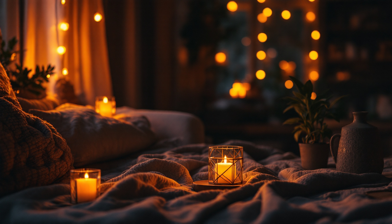 A photograph of a cozy indoor scene illuminated by warm amber lighting