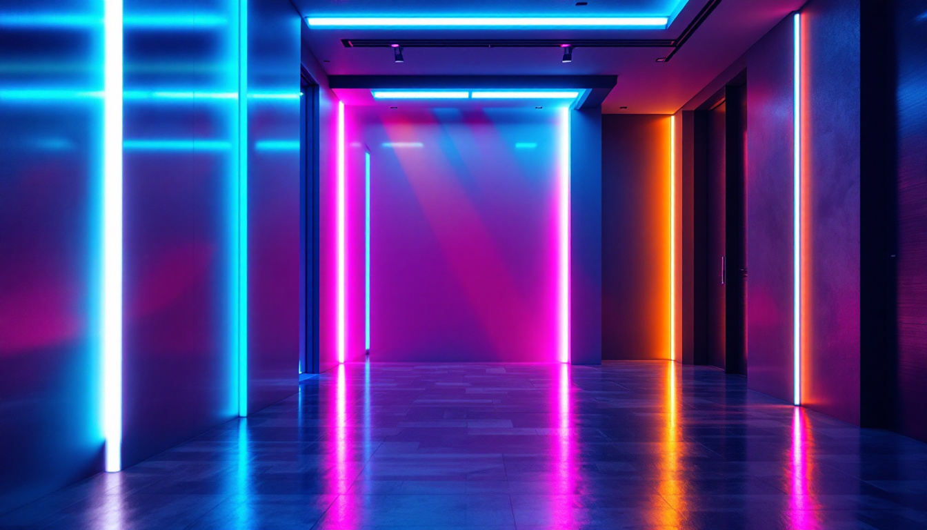 A photograph of a beautifully designed interior space illuminated by vibrant strip lights