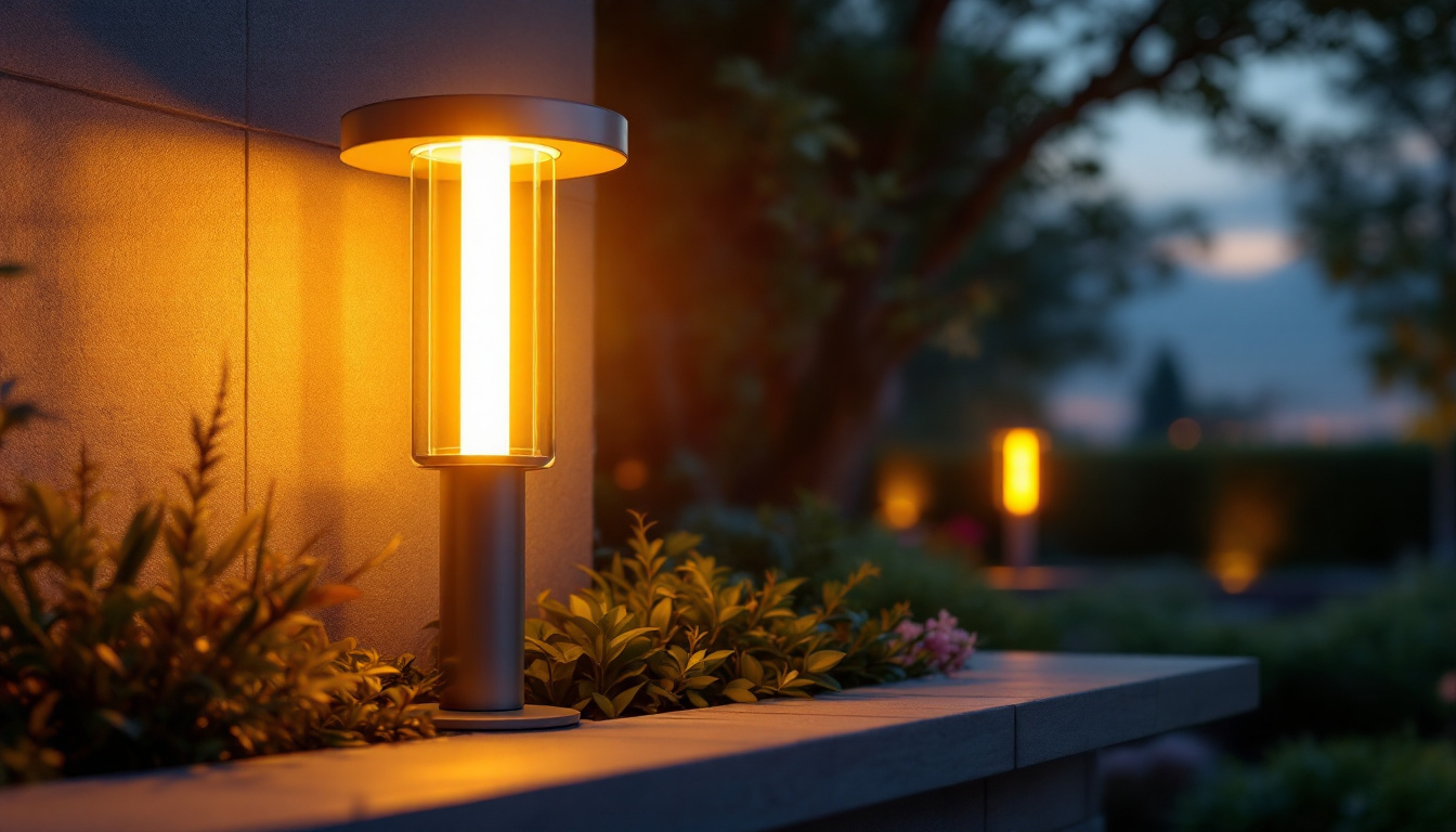 A photograph of a modern outdoor lamp illuminated at dusk