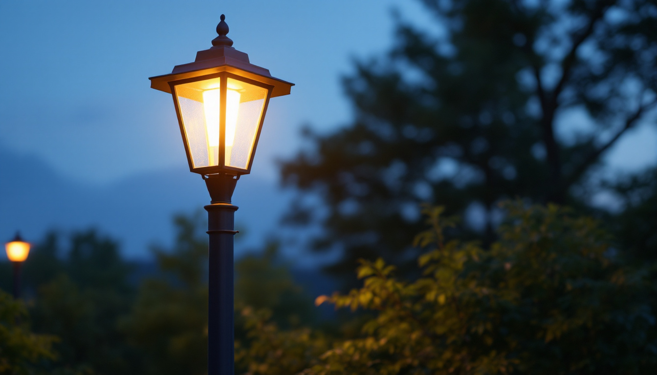 A photograph of a beautifully illuminated exterior lamp post in a serene outdoor setting