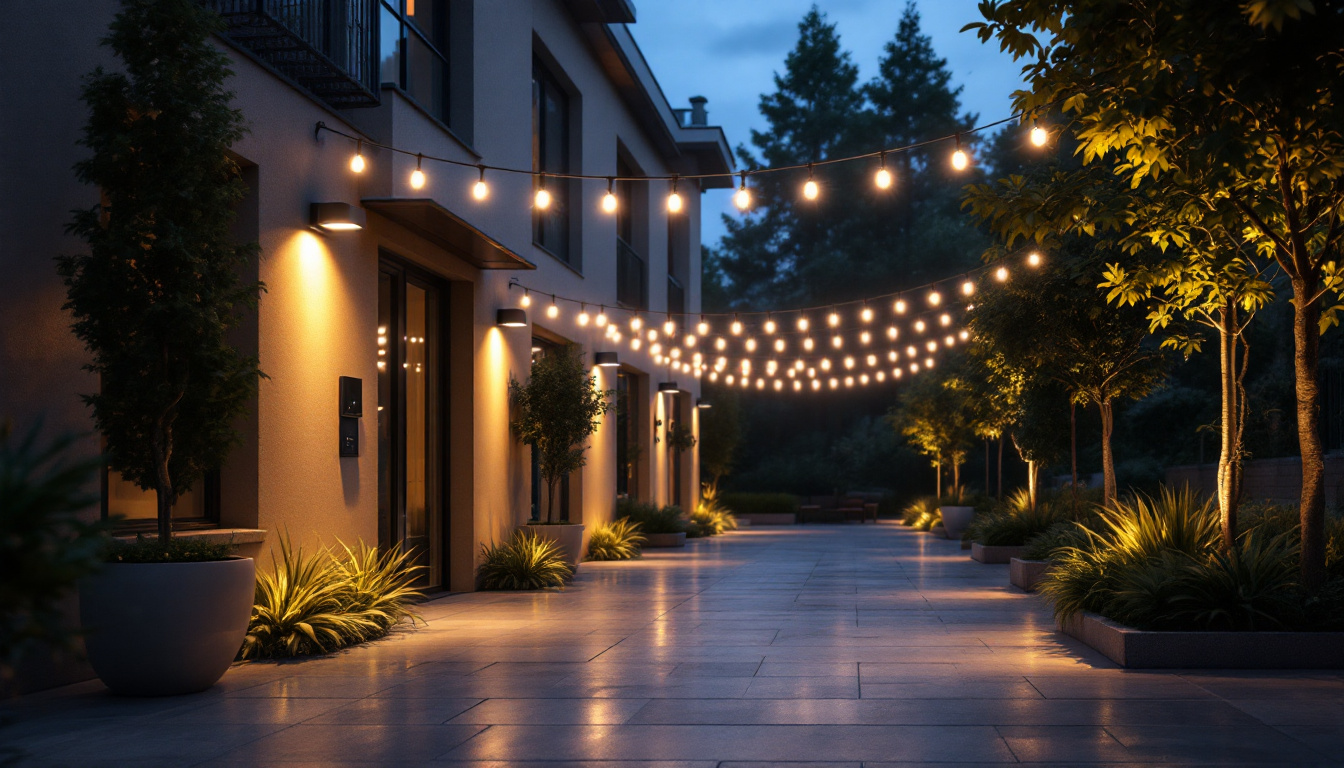 A photograph of a beautifully illuminated outdoor space that showcases innovative lighting designs and security features