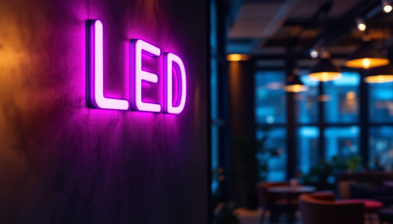 A photograph of a modern led sign light illuminating a stylish interior space