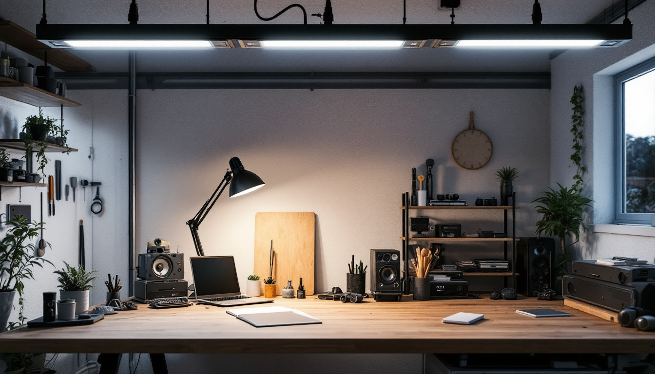 A photograph of a modern workspace or garage illuminated by a set of 10 pack linkable shop lights