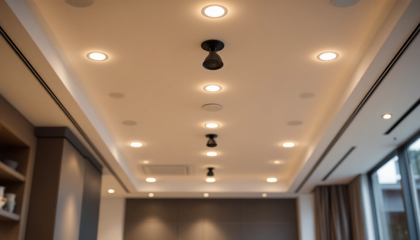 A photograph of a well-lit t-bar ceiling showcasing various styles of recessed lights installed