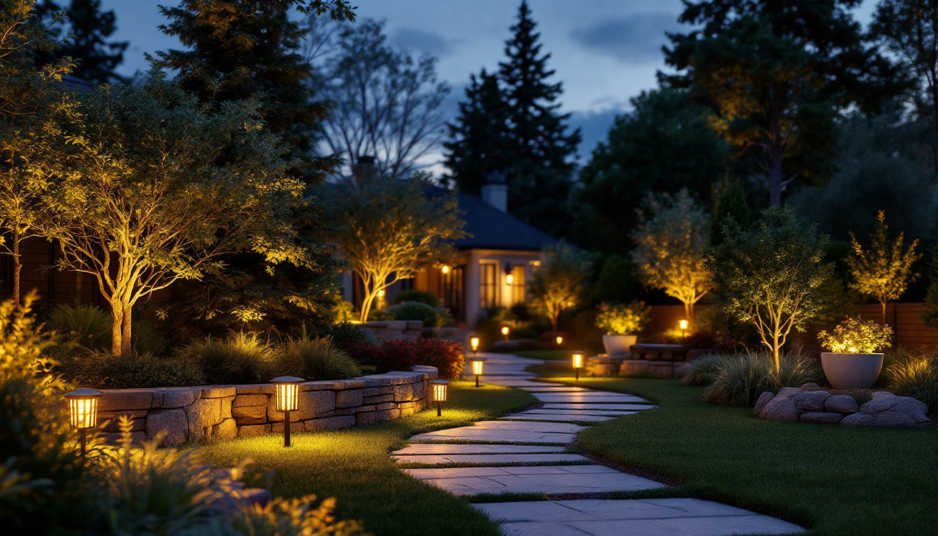 A photograph of a beautifully landscaped backyard illuminated by various styles of solar lights
