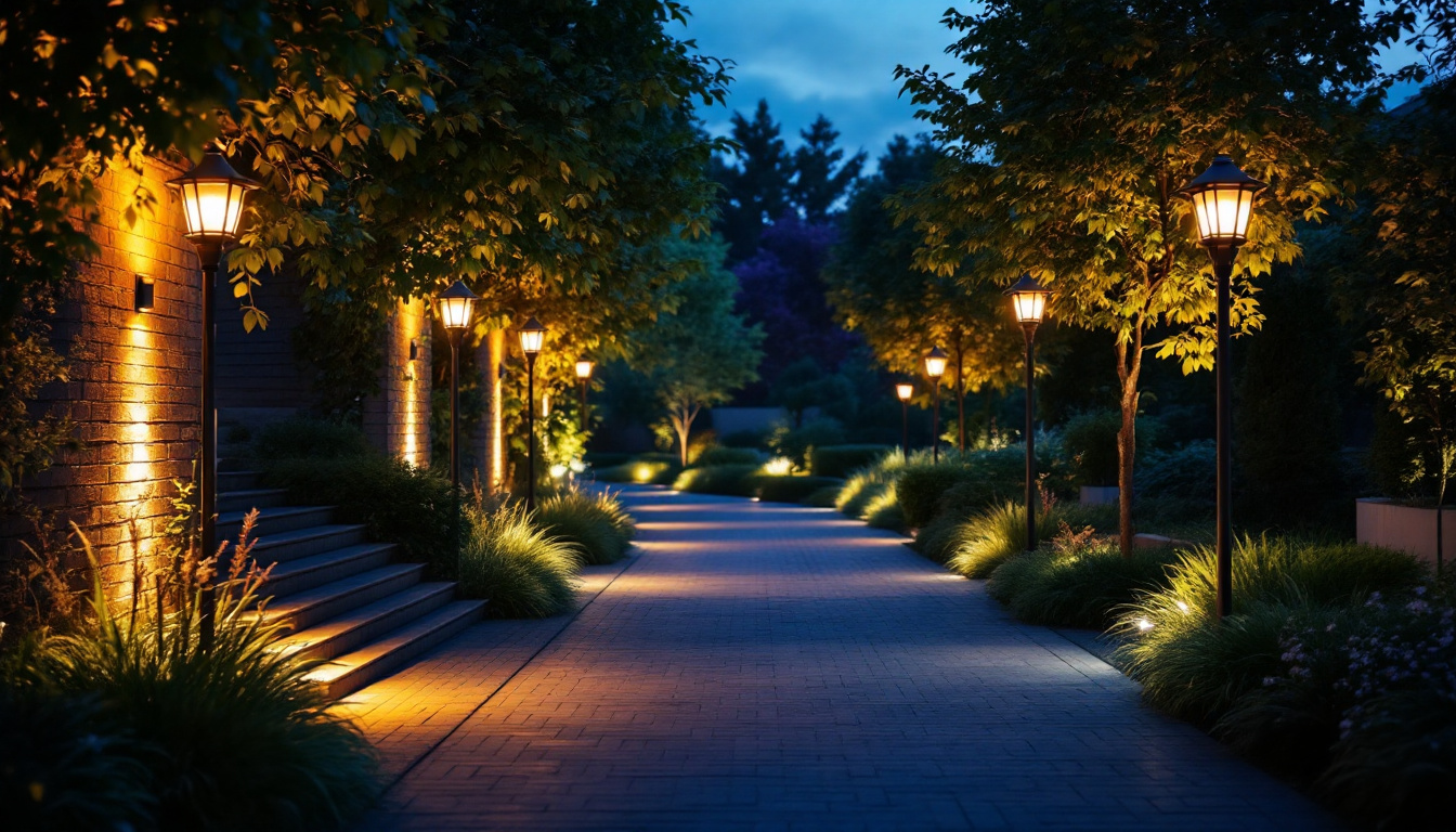 A photograph of capture a photograph of a beautifully illuminated outdoor space featuring a variety of security lights in action