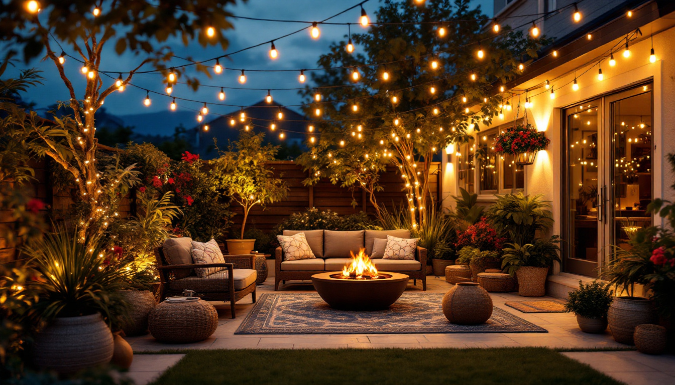 A photograph of a beautifully arranged outdoor patio setting illuminated by warm