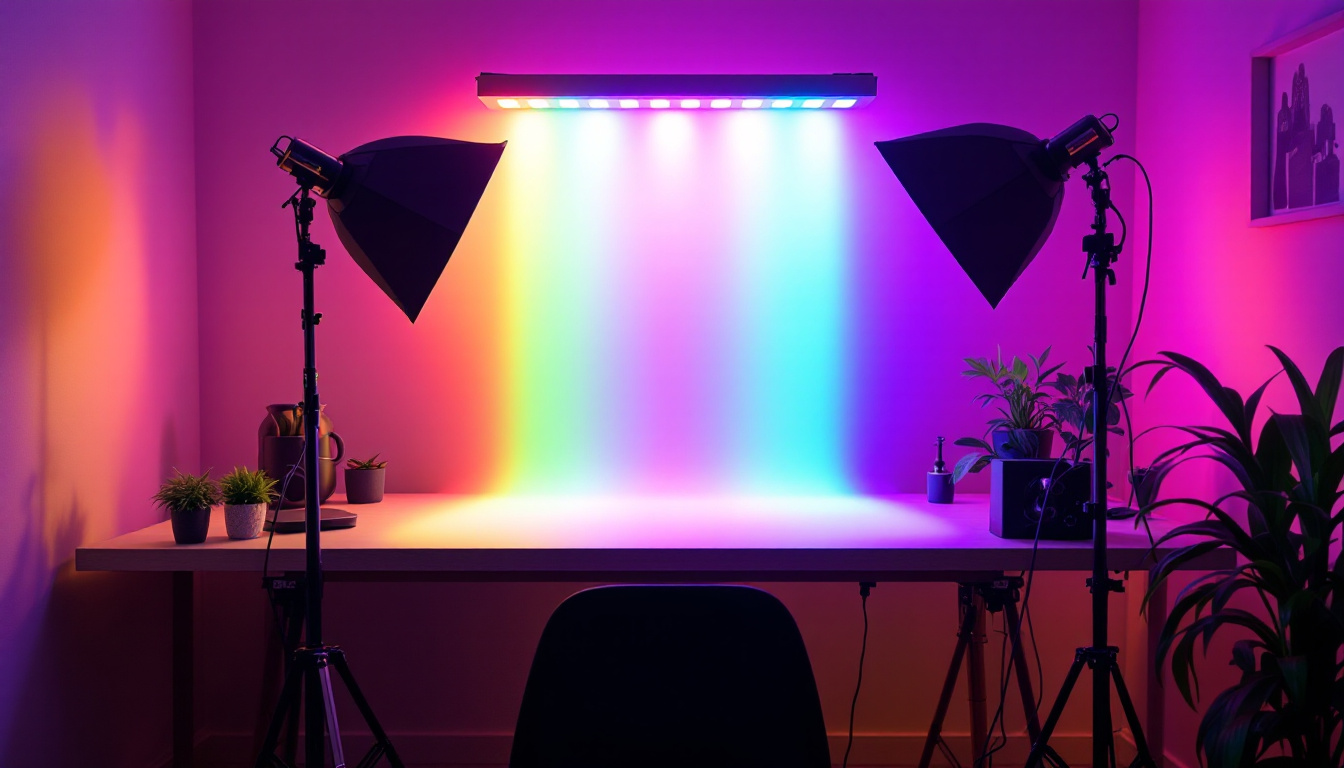A photograph of a vibrant rgb light setup in a creative workspace