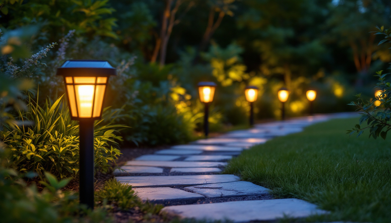 A photograph of a serene outdoor scene featuring hampton bay solar path lights illuminating a garden pathway at dusk
