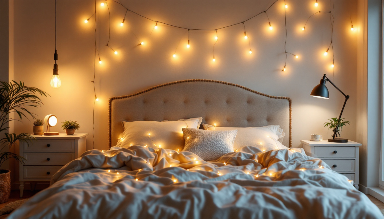 A photograph of a beautifully arranged bedroom scene that showcases various bedding lighting options