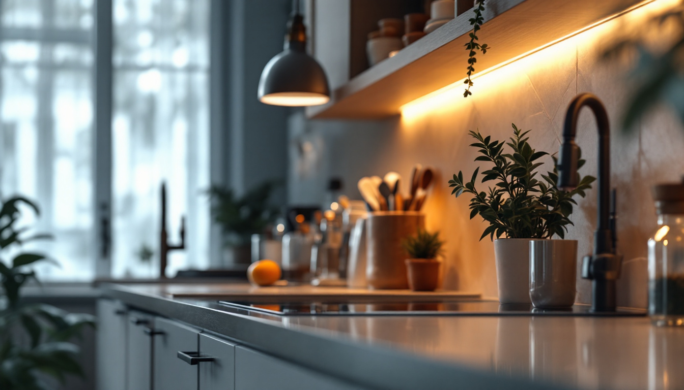 A photograph of a beautifully designed kitchen or workspace featuring warm