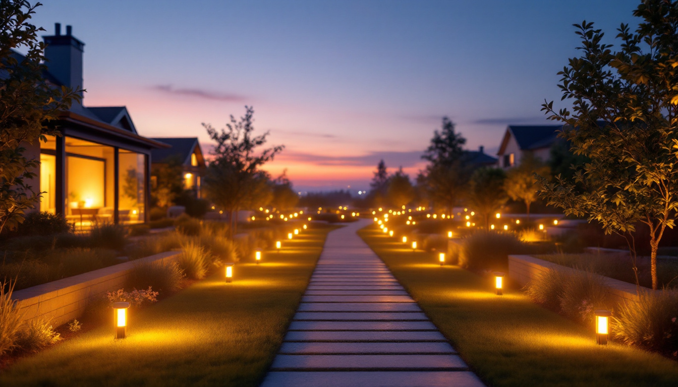 A photograph of a beautifully illuminated outdoor space showcasing the warm glow of led flood light bulbs highlighting landscaping features
