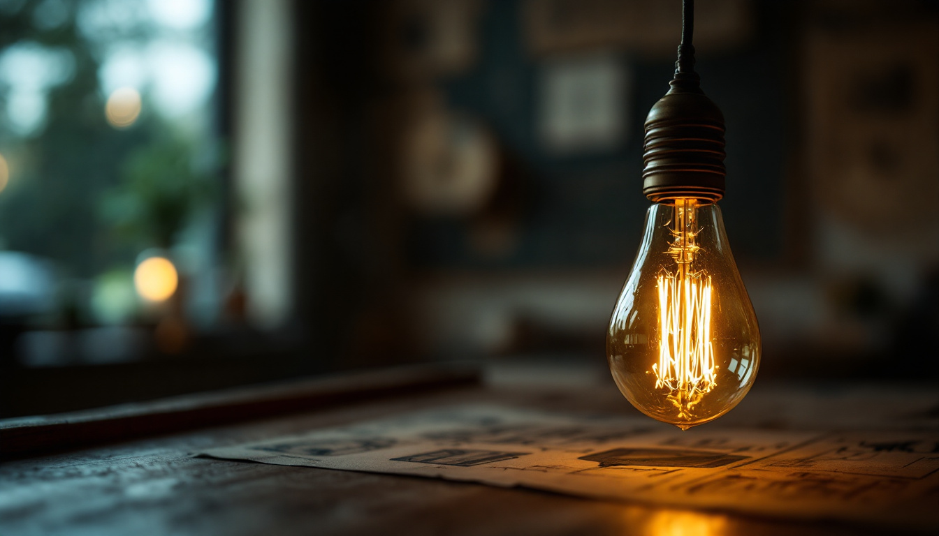 A photograph of a vintage light bulb glowing softly in a dimly lit room