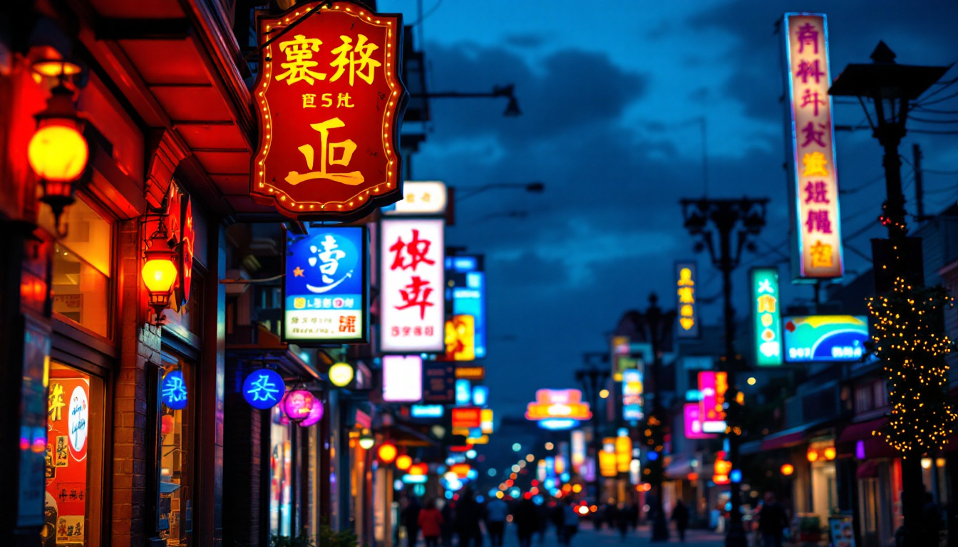 A photograph of capture a photograph of a vibrant urban scene at dusk