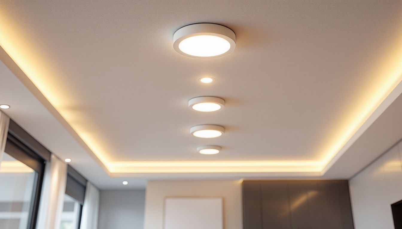 A photograph of a well-lit interior space showcasing various styles of led recessed lights installed in a ceiling