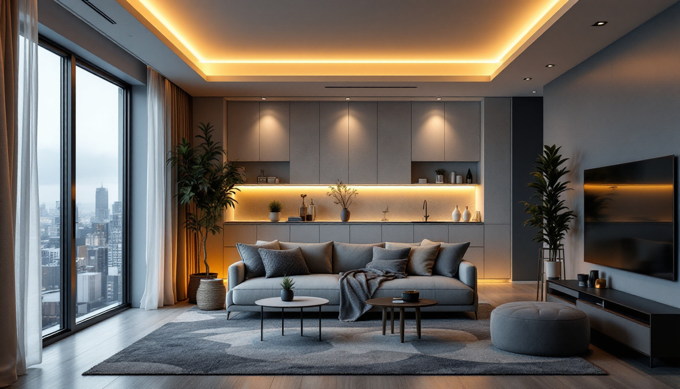 A photograph of a modern living space featuring sleek