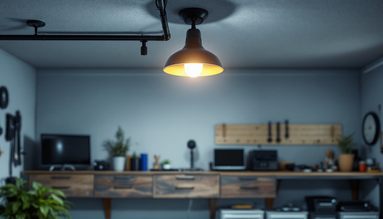 A photograph of a stylish garage ceiling lamp illuminating a well-organized