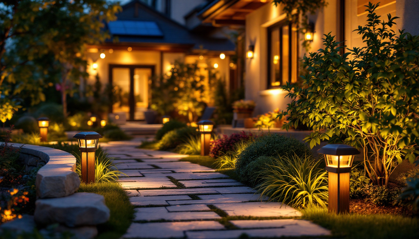 A photograph of a beautifully illuminated outdoor space featuring solar led lights in various settings