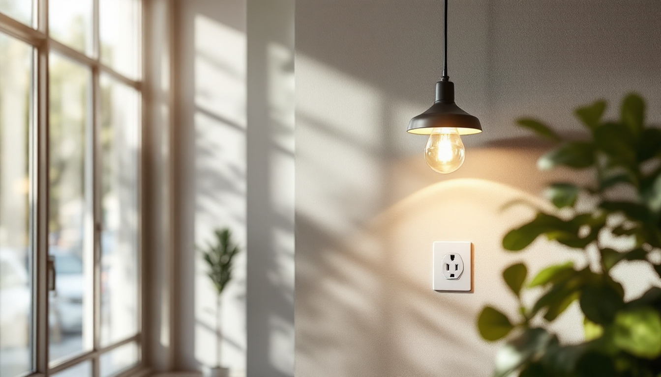 A photograph of a stylish light fixture with an integrated outlet in a well-lit room