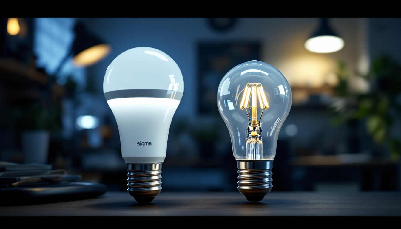 A photograph of a side-by-side comparison of led and fluorescent light bulbs in a well-lit setting