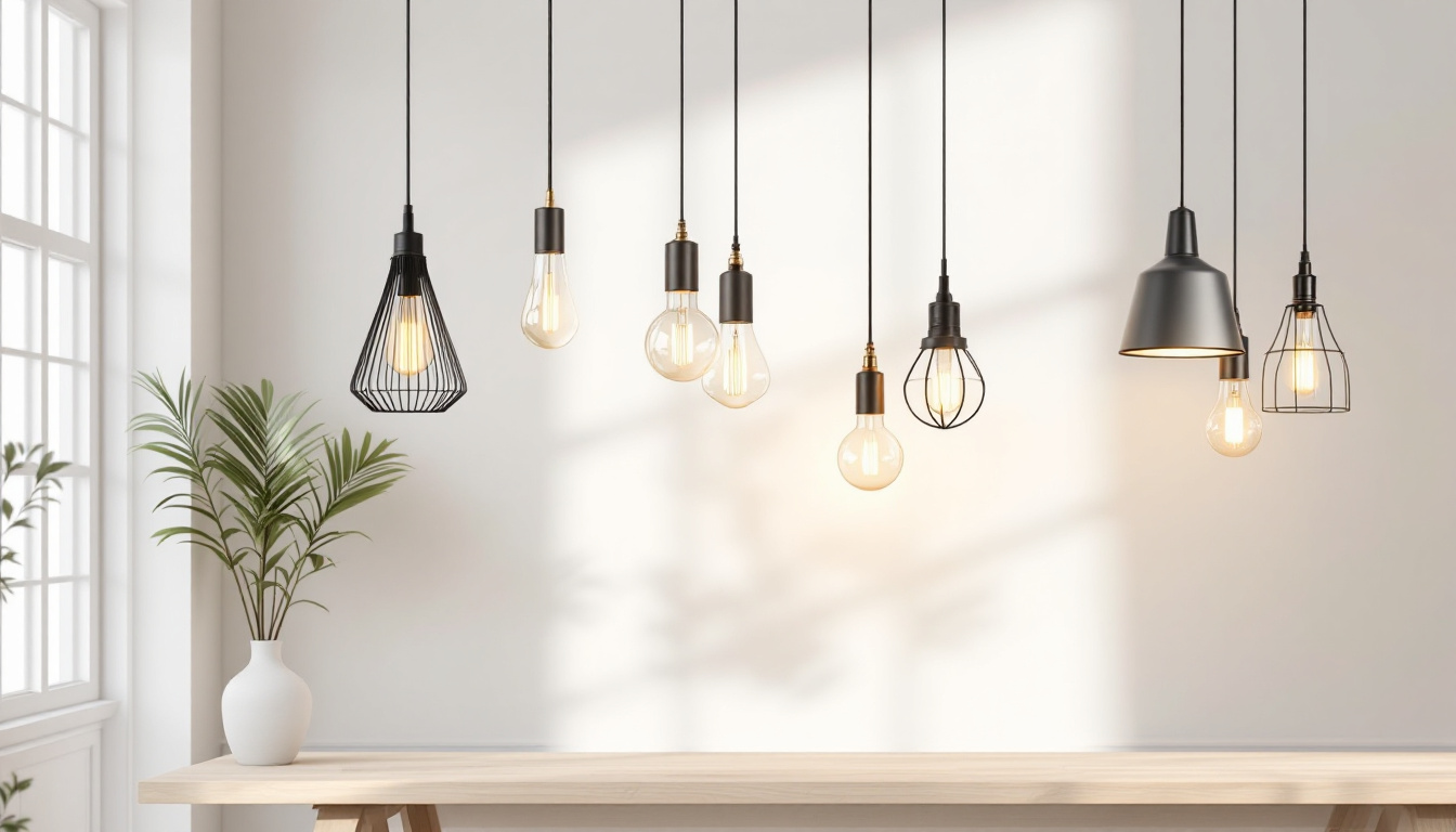 A photograph of a beautifully designed room featuring various hanging lighting pendants in different styles and settings