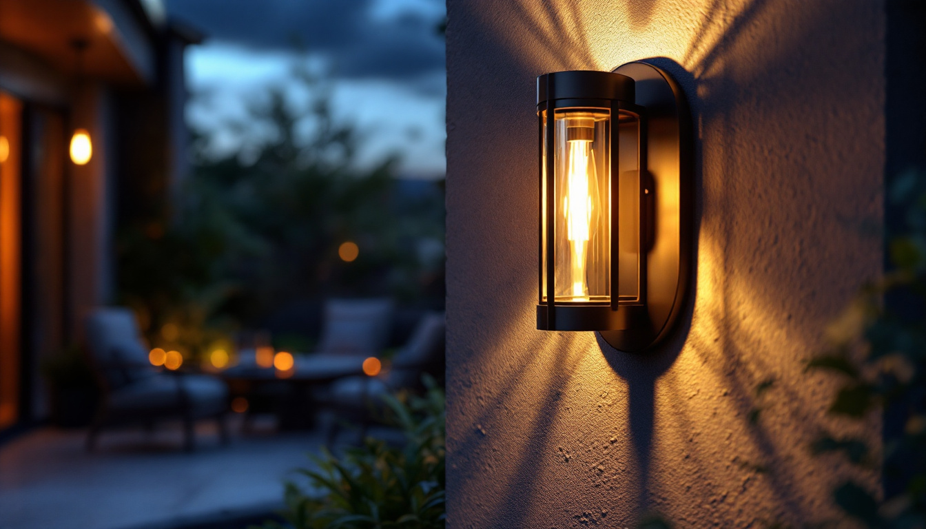 A photograph of a beautifully designed outdoor wall sconce lighting fixture illuminating a stylish patio or garden setting during twilight