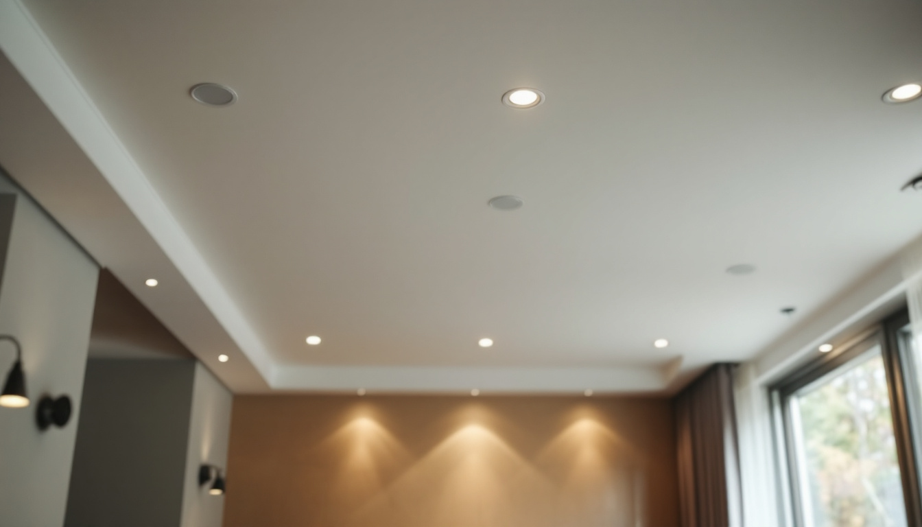 A photograph of a beautifully designed room showcasing ceiling recessed lights in action