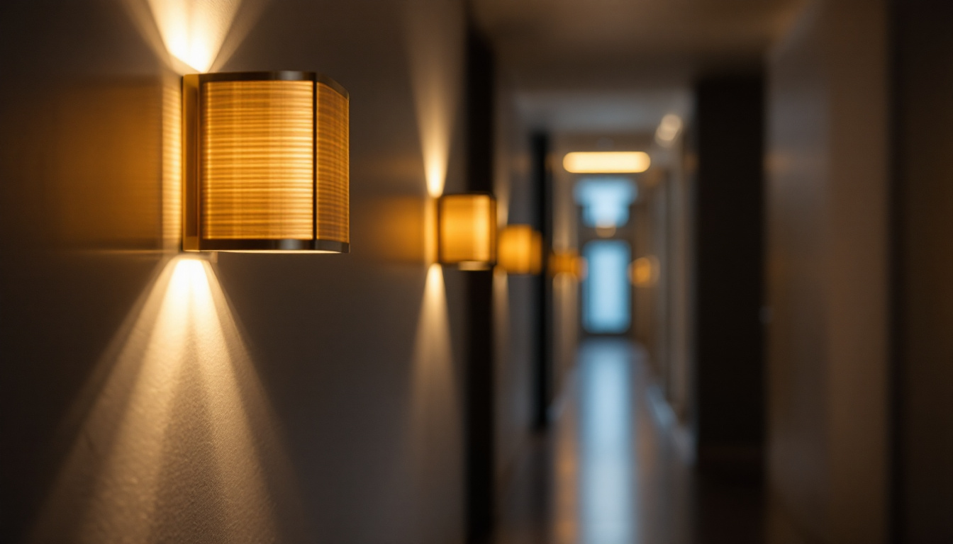 A photograph of capture a photograph of a stylish hallway illuminated by modern light fixtures