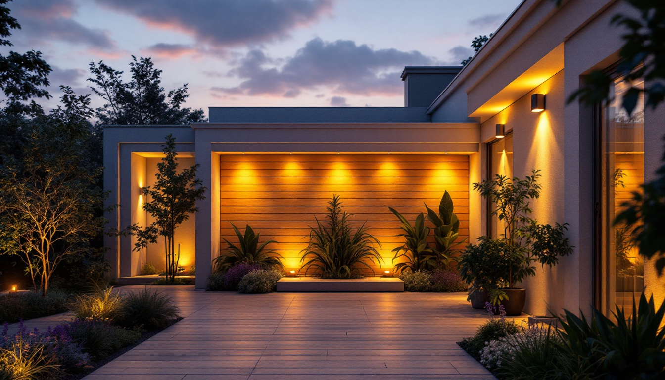 A photograph of a beautifully designed outdoor space featuring recessed lighting in action during twilight
