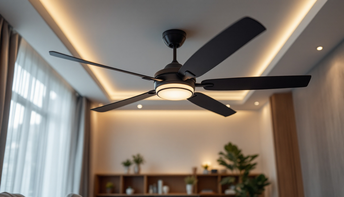 A photograph of a stylishly designed room featuring a modern ceiling fan with integrated lighting