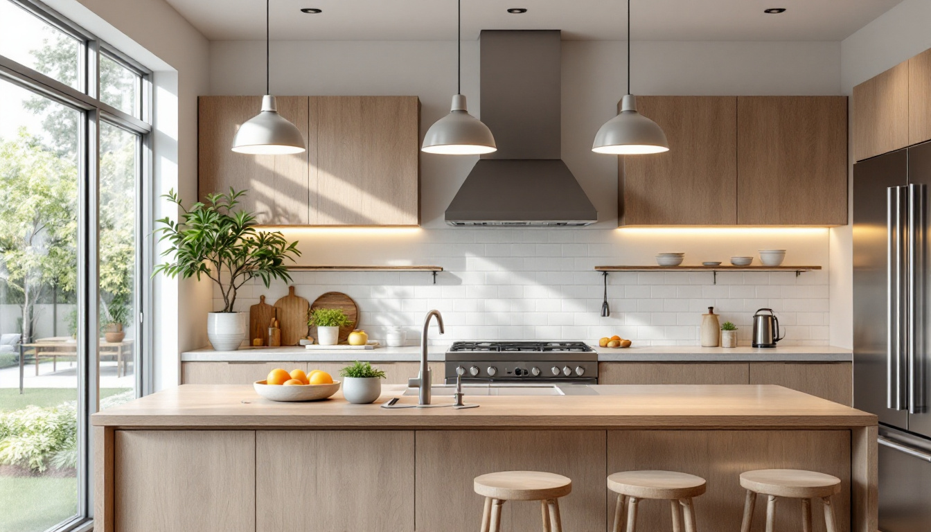 A photograph of a beautifully designed kitchen featuring modern overhead lighting fixtures that highlight the space's functionality and aesthetic appeal