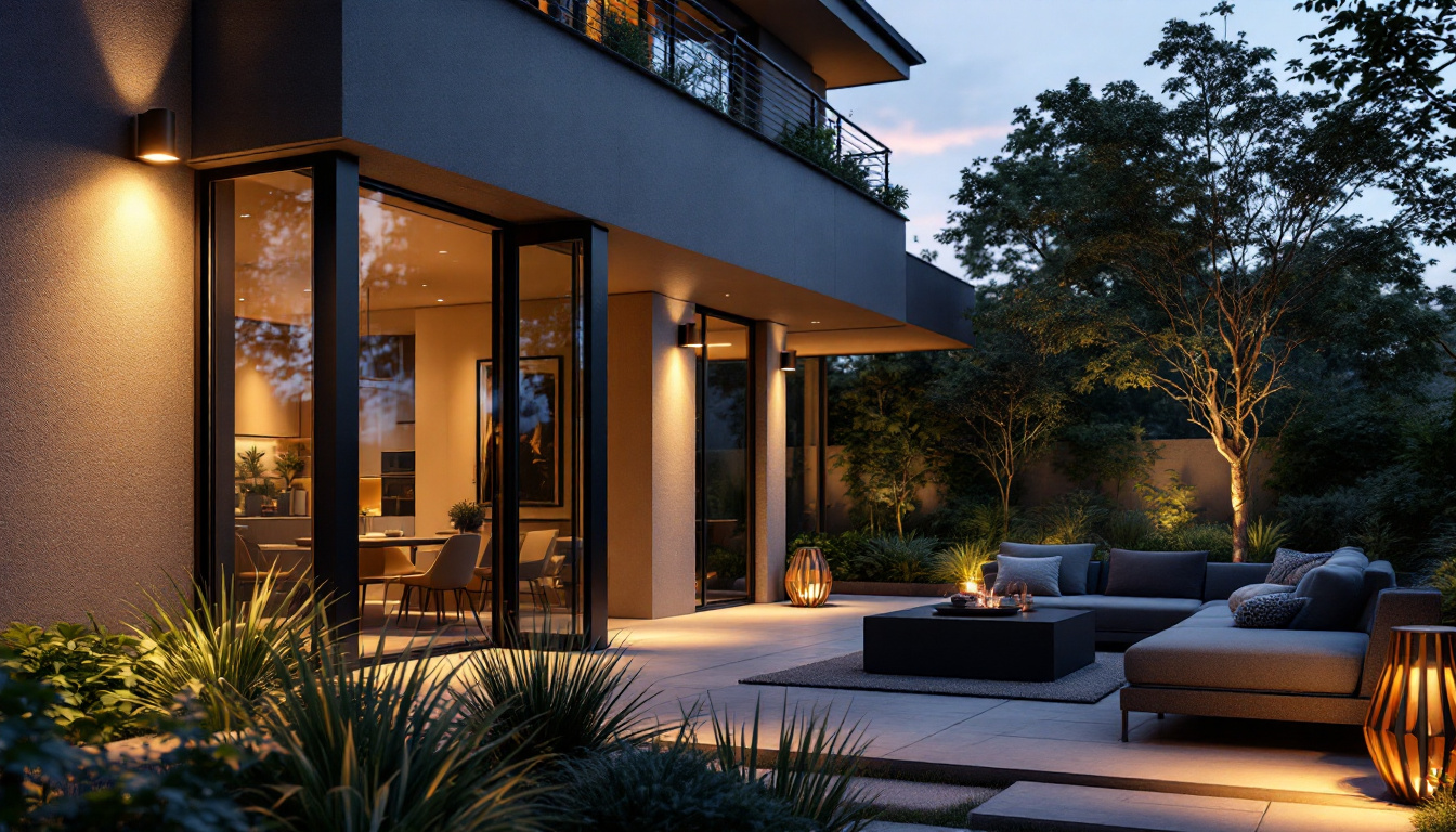 A photograph of a beautifully designed outdoor space illuminated by sleek black exterior lights