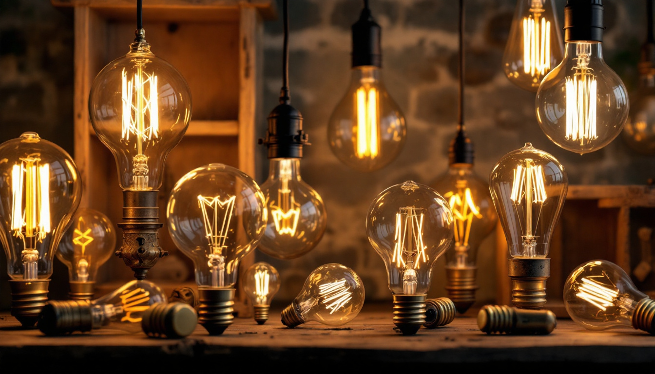 A photograph of an elegant display of various antique light bulbs