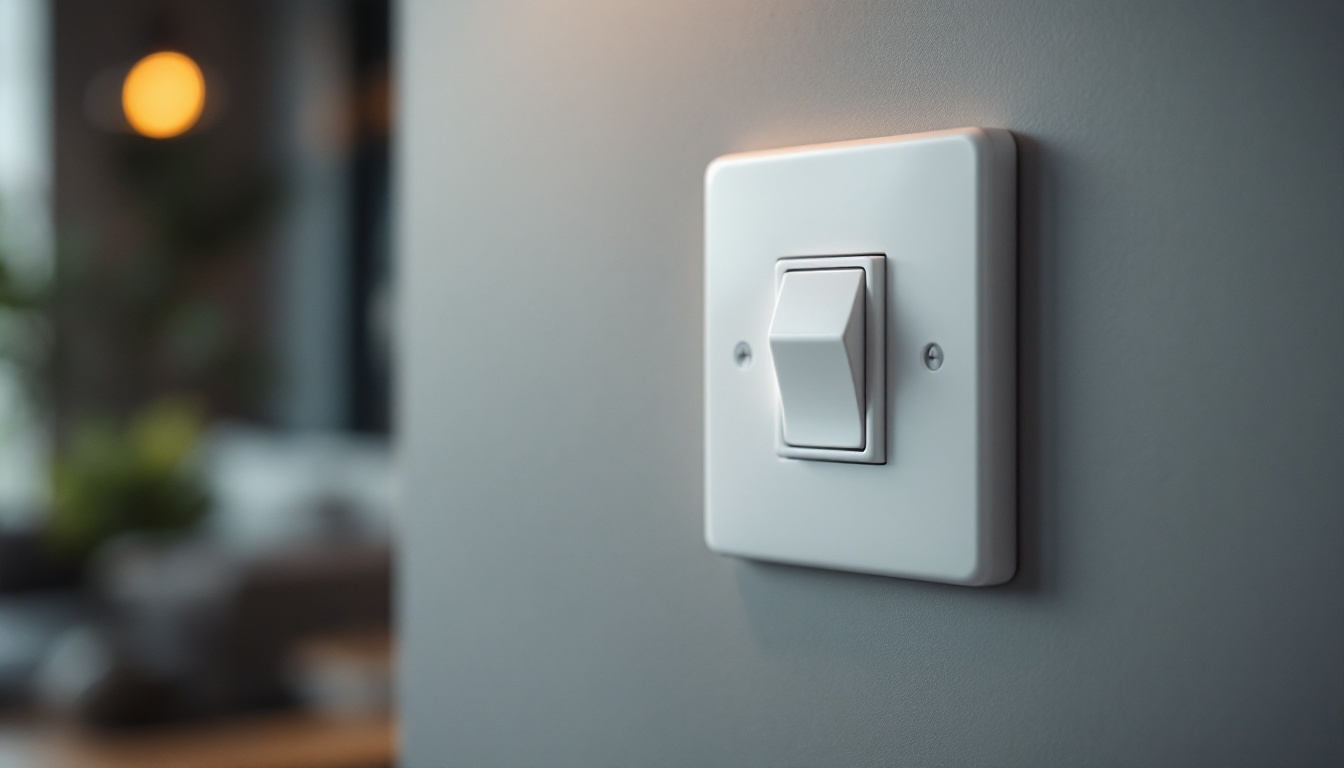 A photograph of a close-up view of a single pole switch installed in a home setting
